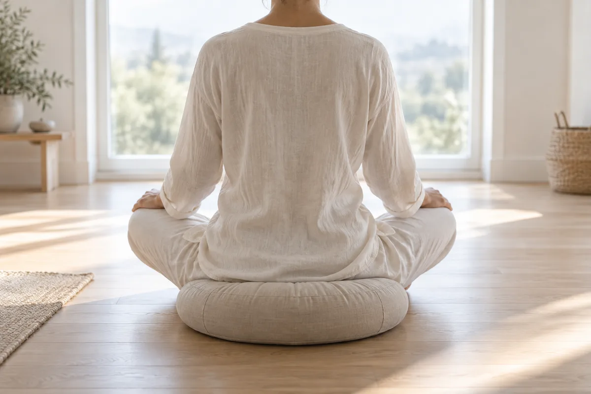 Personne assise en tailleur de dos sur un coussin de méditation devant une fenêtre lumineuse