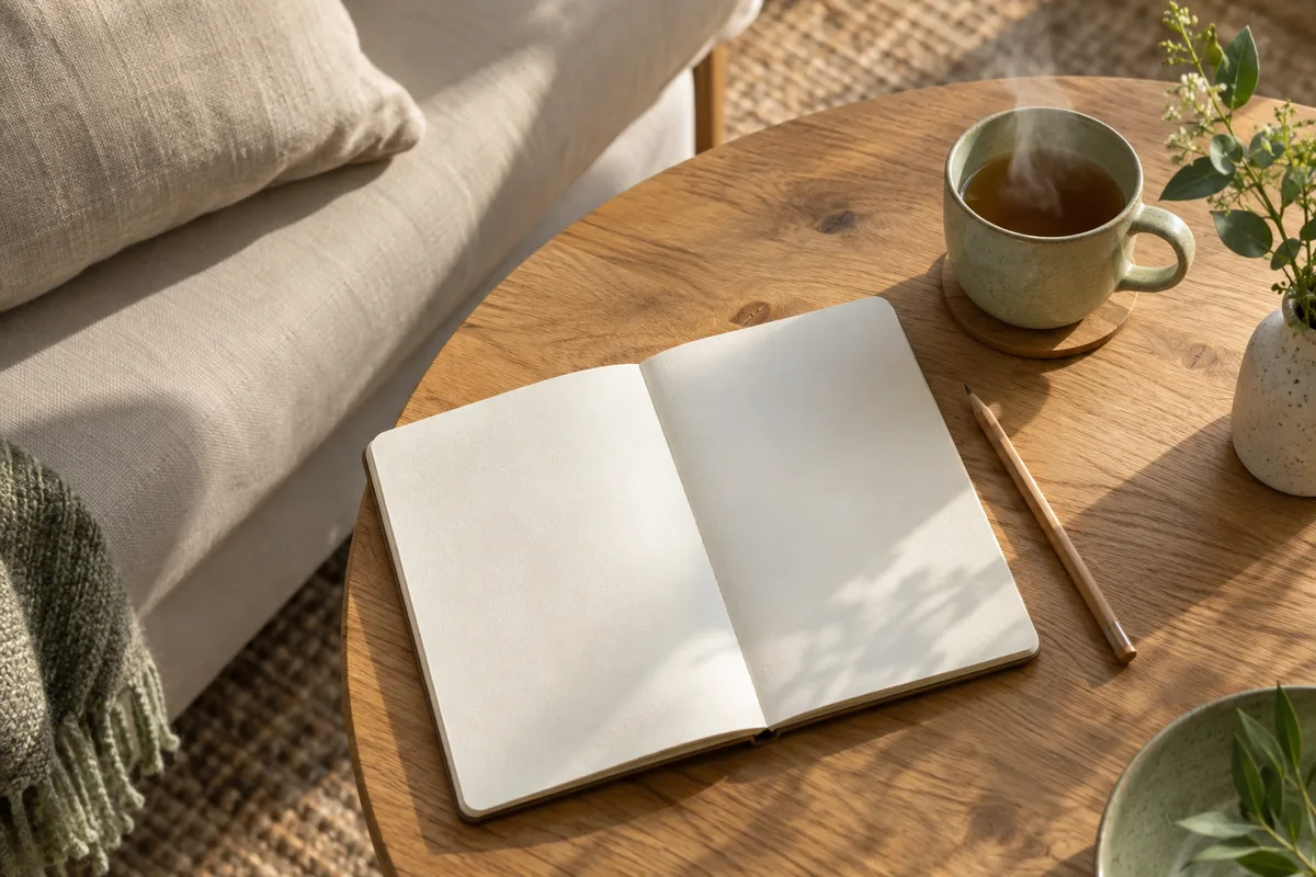 Carnet ouvert et crayon posés sur une table basse à côté d&rsquo;une tasse de thé et d&rsquo;un coussin