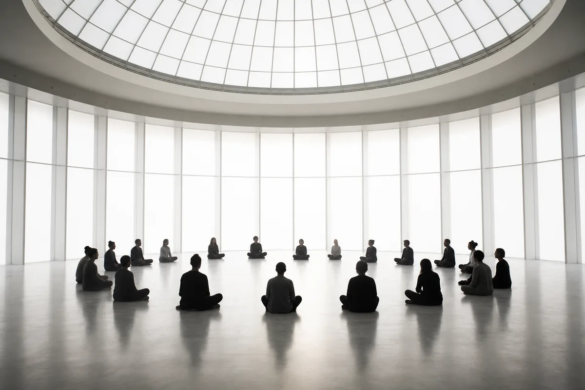 Silhouettes assises en tailleur à contre-jour sous une verrière lumineuse