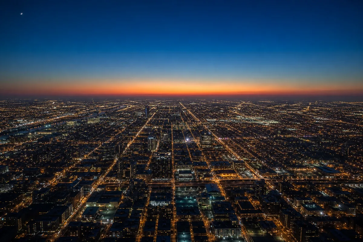 Vue aérienne d’une grande ville au crépuscule, lumières diffuses et rues en trame