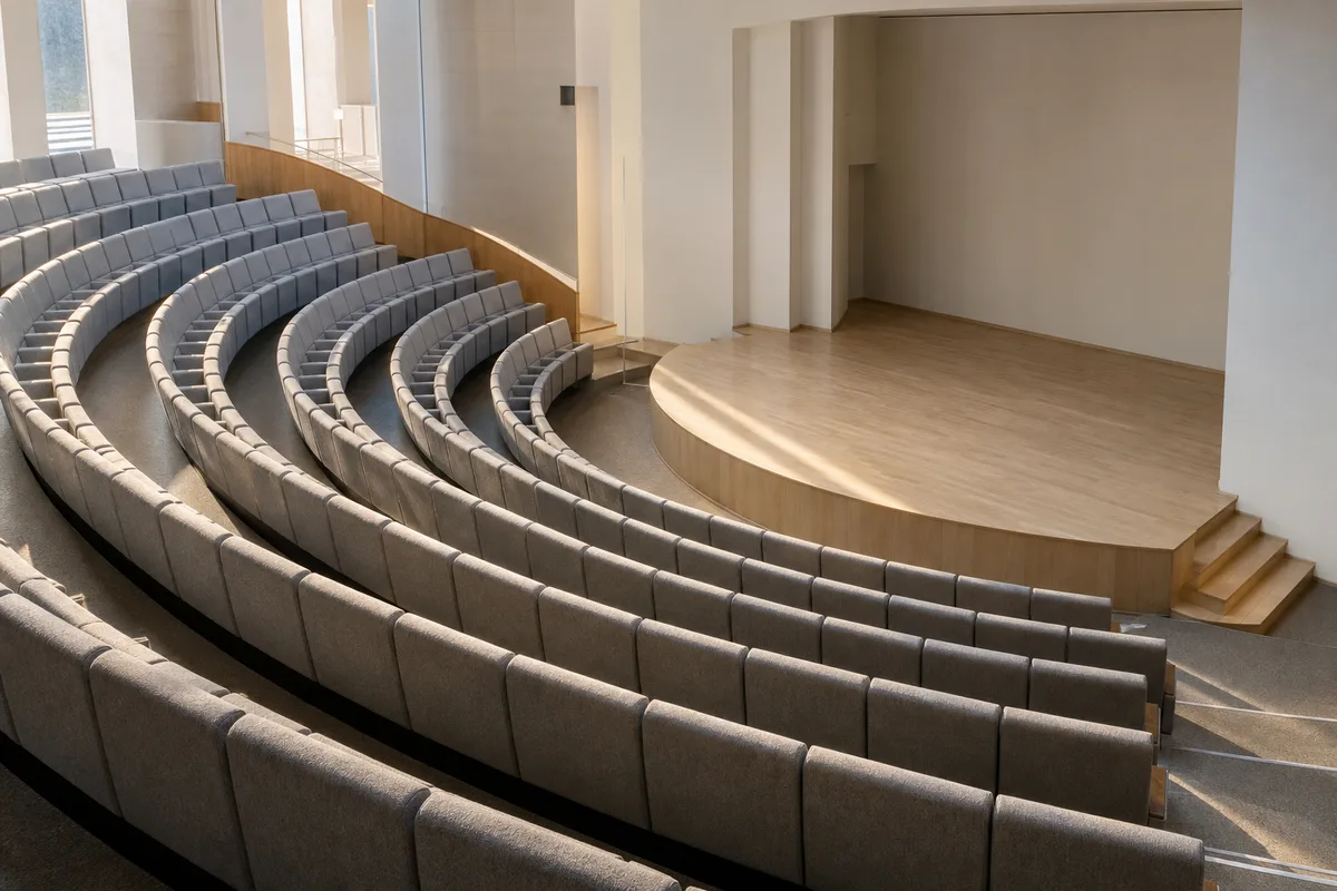Salle de conférence vide aux fauteuils clairs, lumière rasante du matin