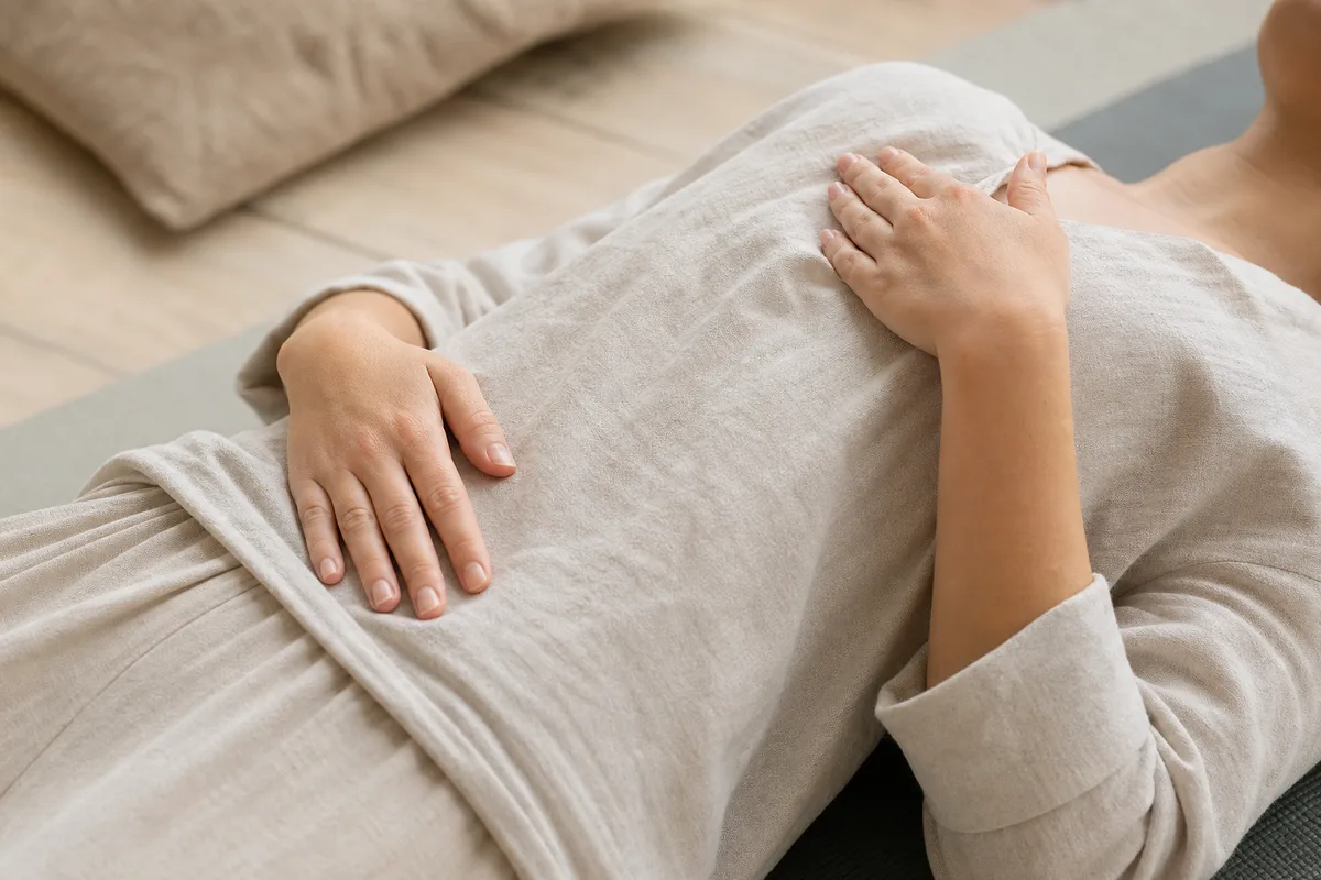 Mains posées sur l&rsquo;abdomen en gros plan pendant une respiration abdominale