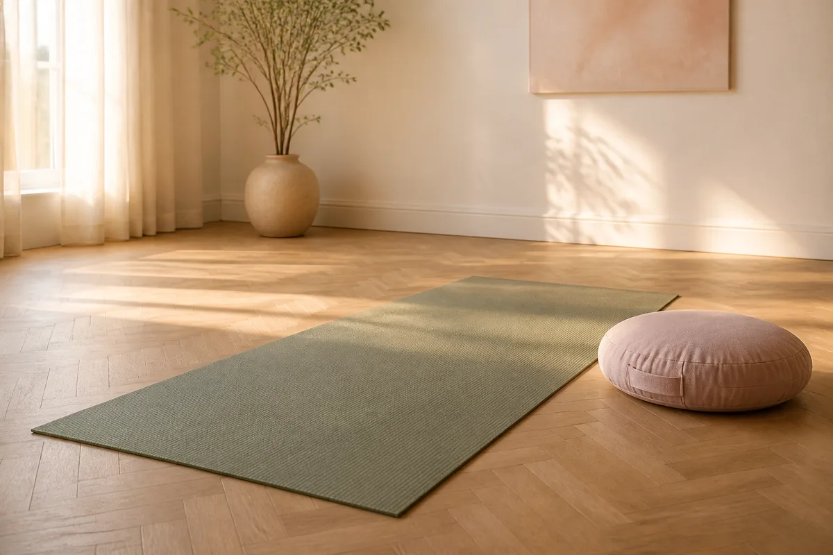 Tapis de yoga déroulé dans une pièce épurée au lever du soleil
