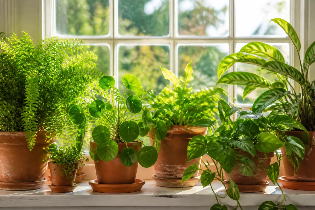 Plantes vertes en pots de terre cuite alignées devant une fenêtre à croisillons, feuillage dense éclairé à contre-jour