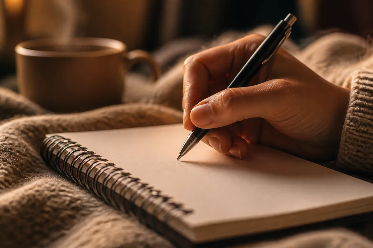 Main tenant un stylo au-dessus d’un carnet à spirales, tasse de thé fumante en arrière-plan flou