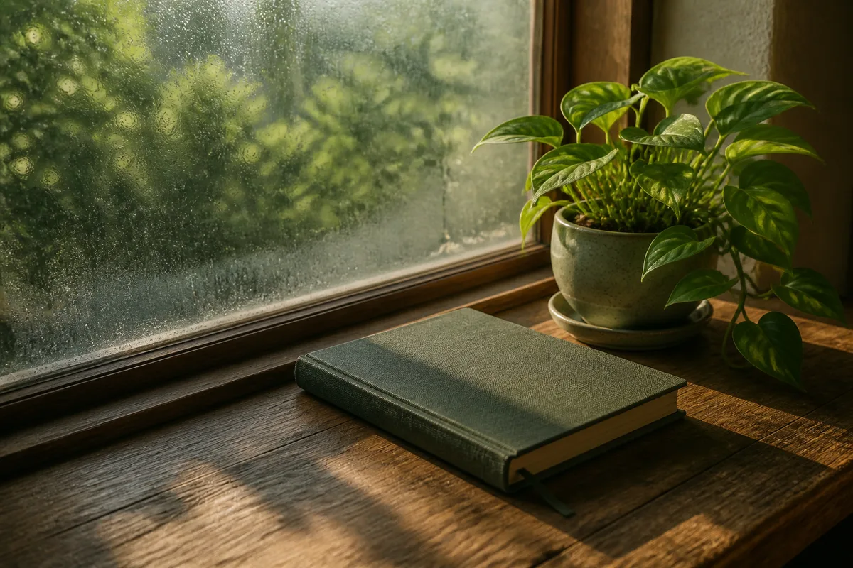Carnet fermé posé sur un rebord de fenêtre au petit matin, plante verte et lumière rasante