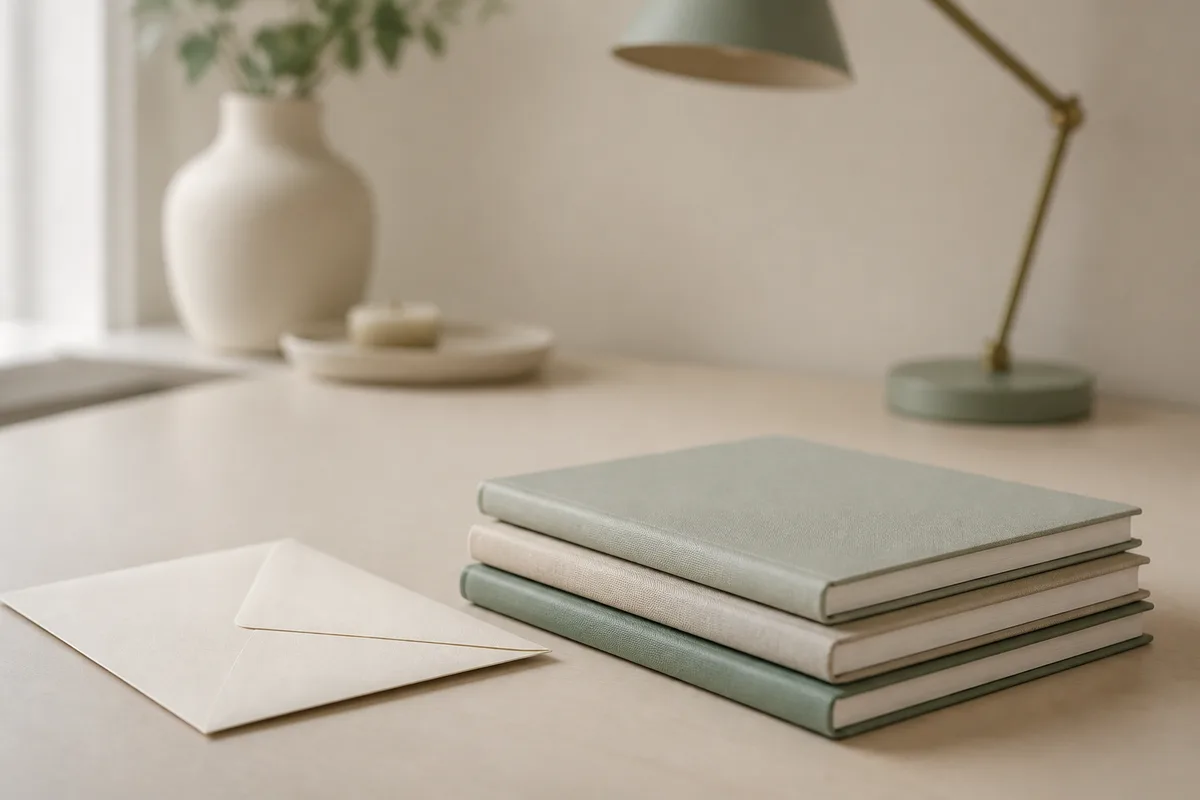 Pile de carnets et enveloppe manuscrite posées sur un bureau clair