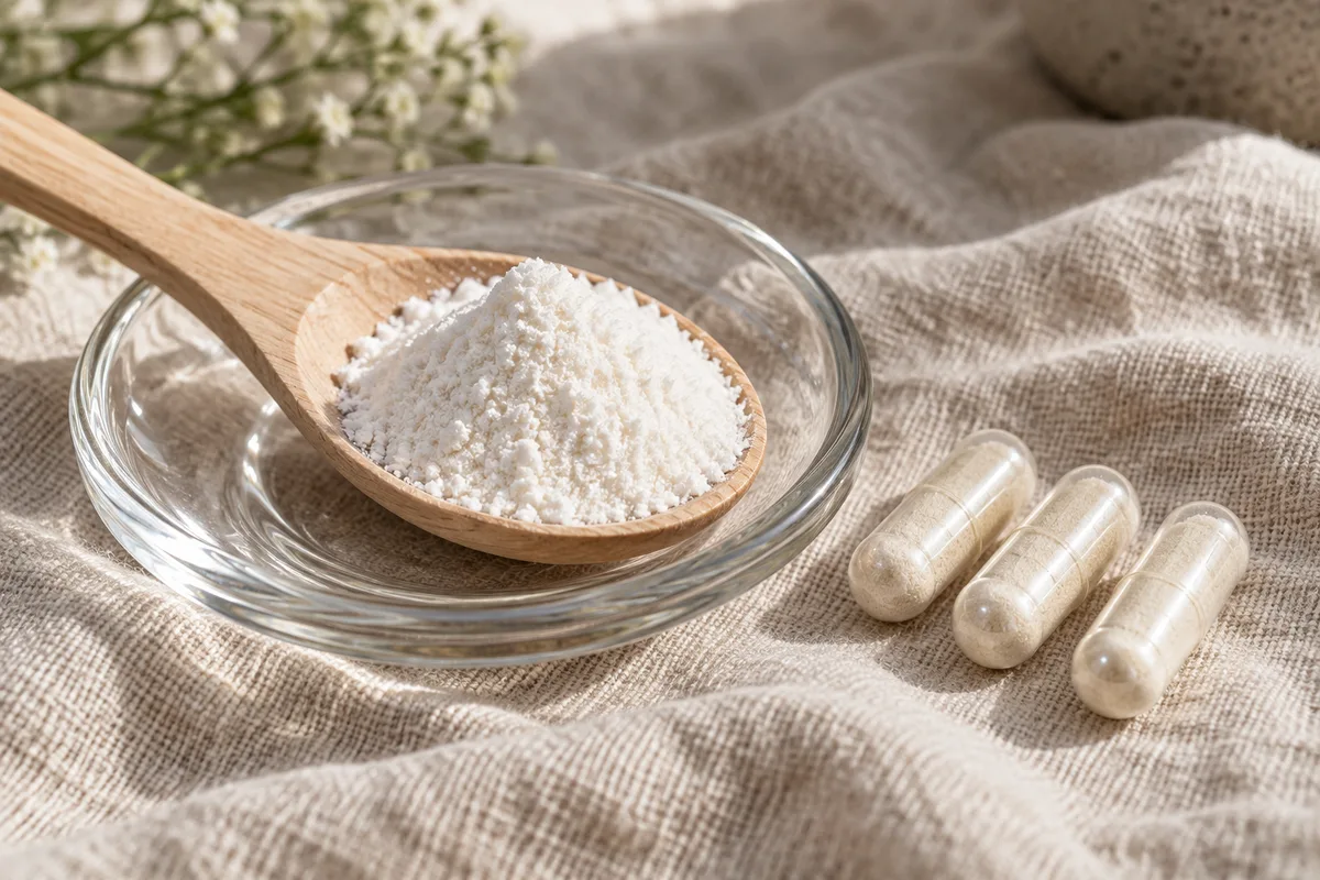 Poudre blanche fine dans une cuillère en bois posée sur une soucoupe en verre avec quelques gélules translucides sur un tissu de lin froissé