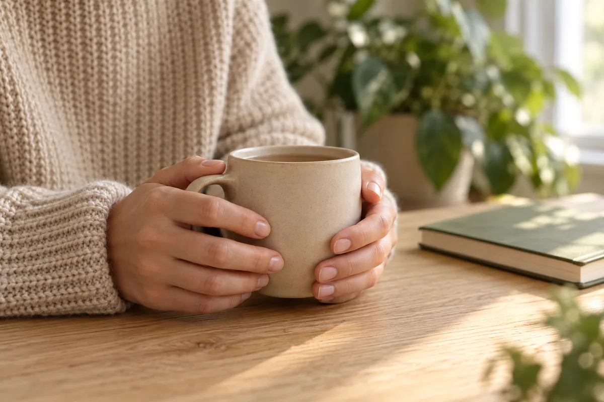Mains d&rsquo;une personne en pull en maille beige tenant une tasse en céramique unie au-dessus d&rsquo;une table en bois, carnet fermé et plante verte en arrière-plan flou