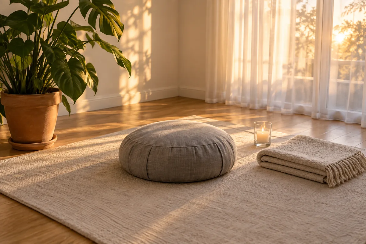 Coin de méditation calme dans un salon avec coussin rond en lin sur un tapis clair, plaid plié, bougie allumée dans un photophore en verre uni et grande plante verte