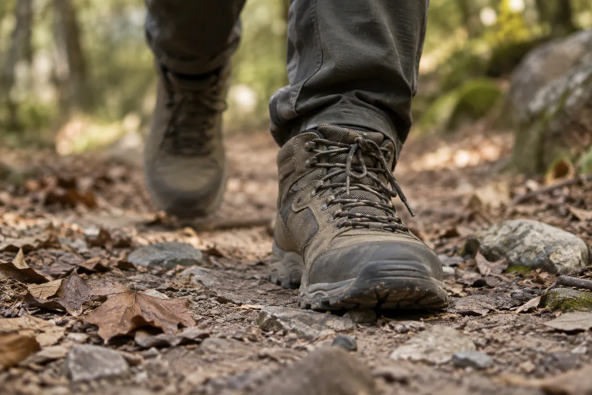 Deux chaussures de marche unies saisies en plein pas sur un sentier de terre couvert de feuilles