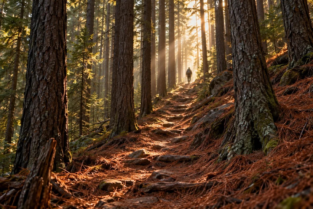 Sentier montant dans une forêt de pins avec une silhouette floue à contre-jour au loin