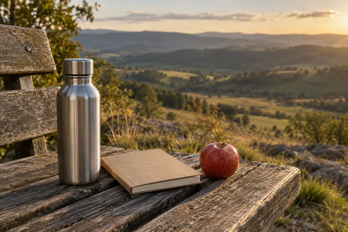 Gourde en inox, carnet fermé et pomme posés sur un banc de bois face à des collines