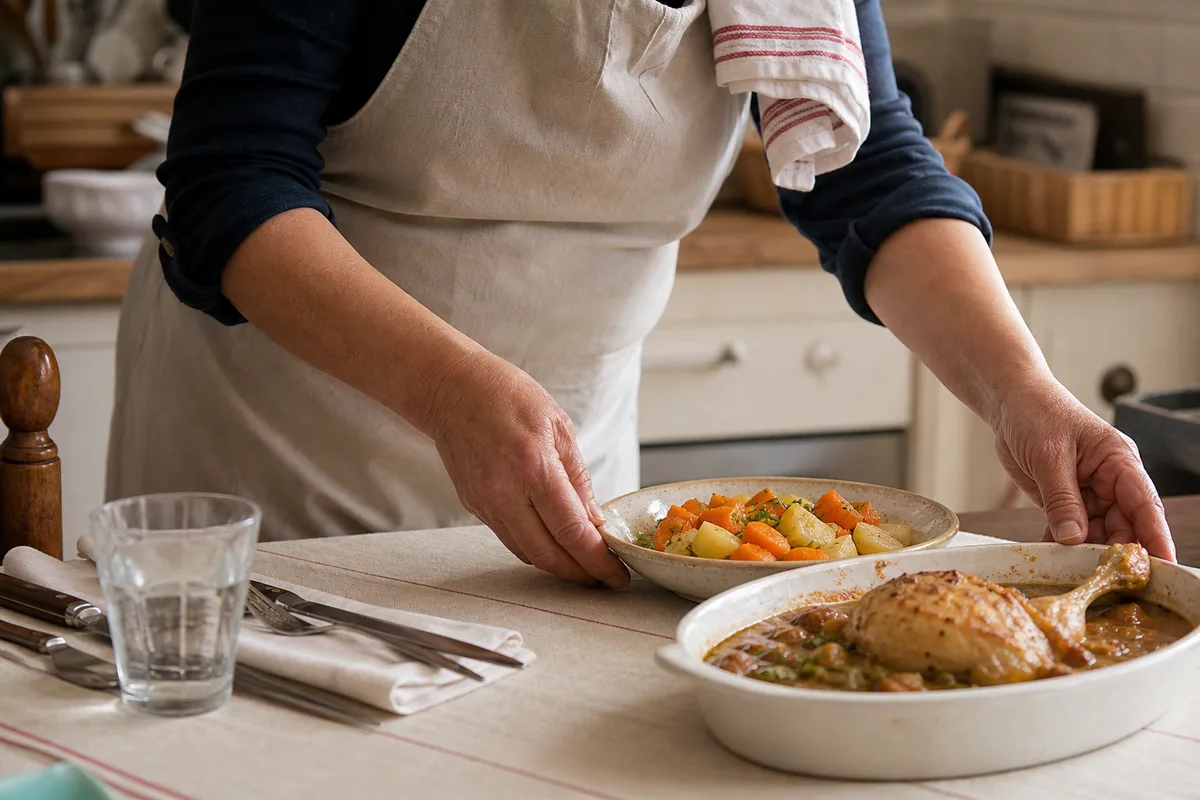 Aide à domicile aidant une personne âgée à préparer un repas dans une cuisine lumineuse