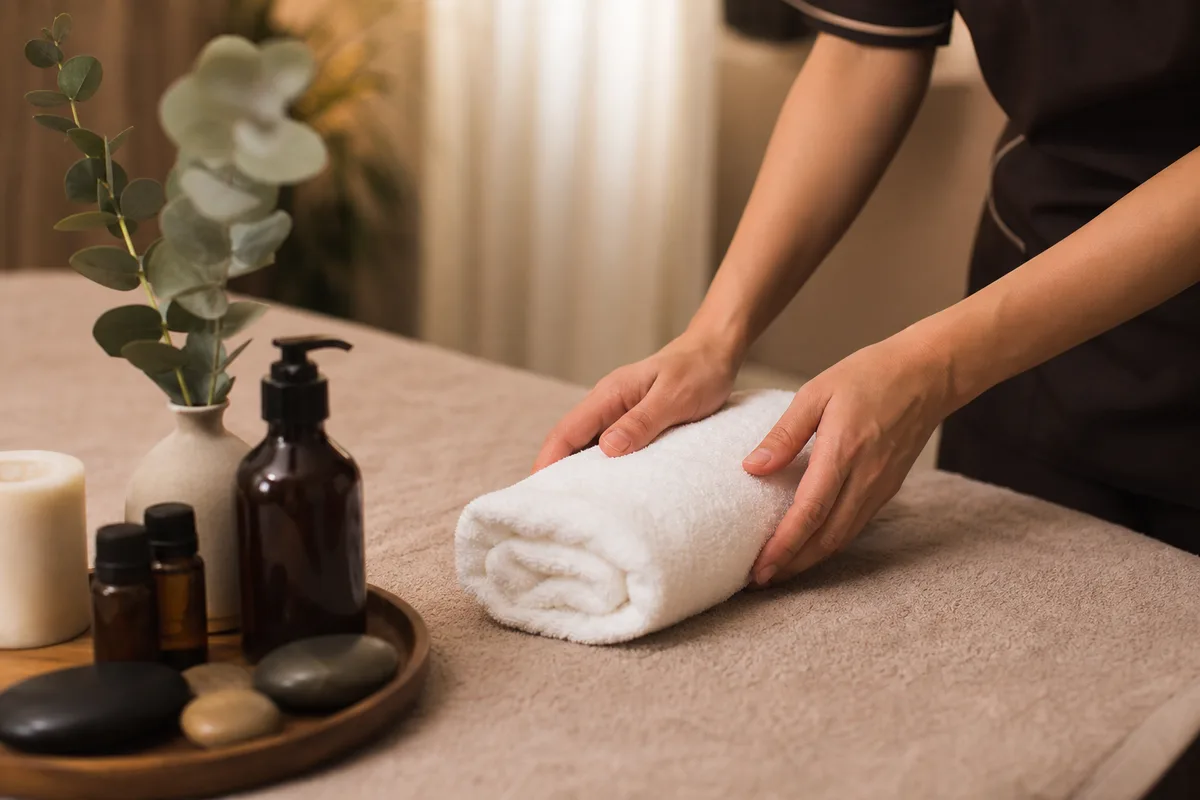 Praticienne de bien-être disposant des serviettes chaudes et des plantes sur une table de massage dans un cabinet apaisant