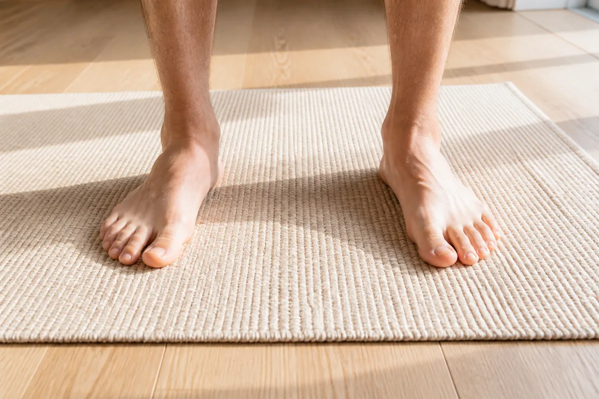 Pieds nus posés sur un tapis clair dans une salle lumineuse au parquet blond