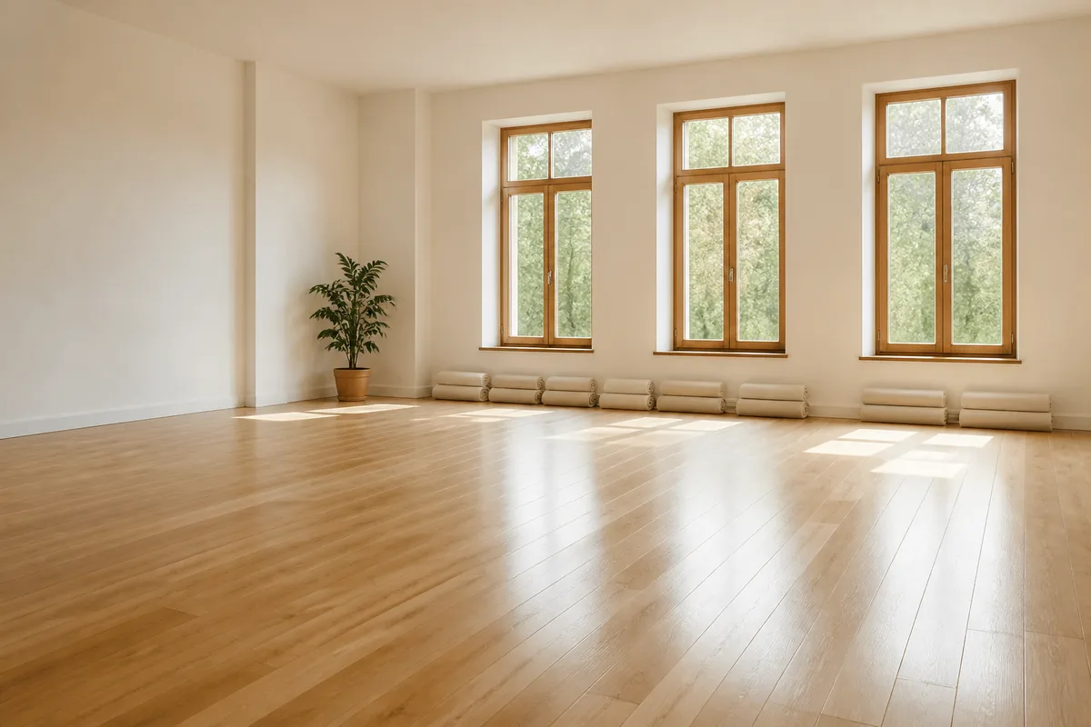 Salle de pratique vide au parquet clair, grandes fenêtres et lumière naturelle