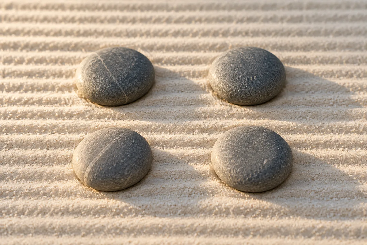 Quatre galets gris lisses disposés en carré sur du sable clair ratissé