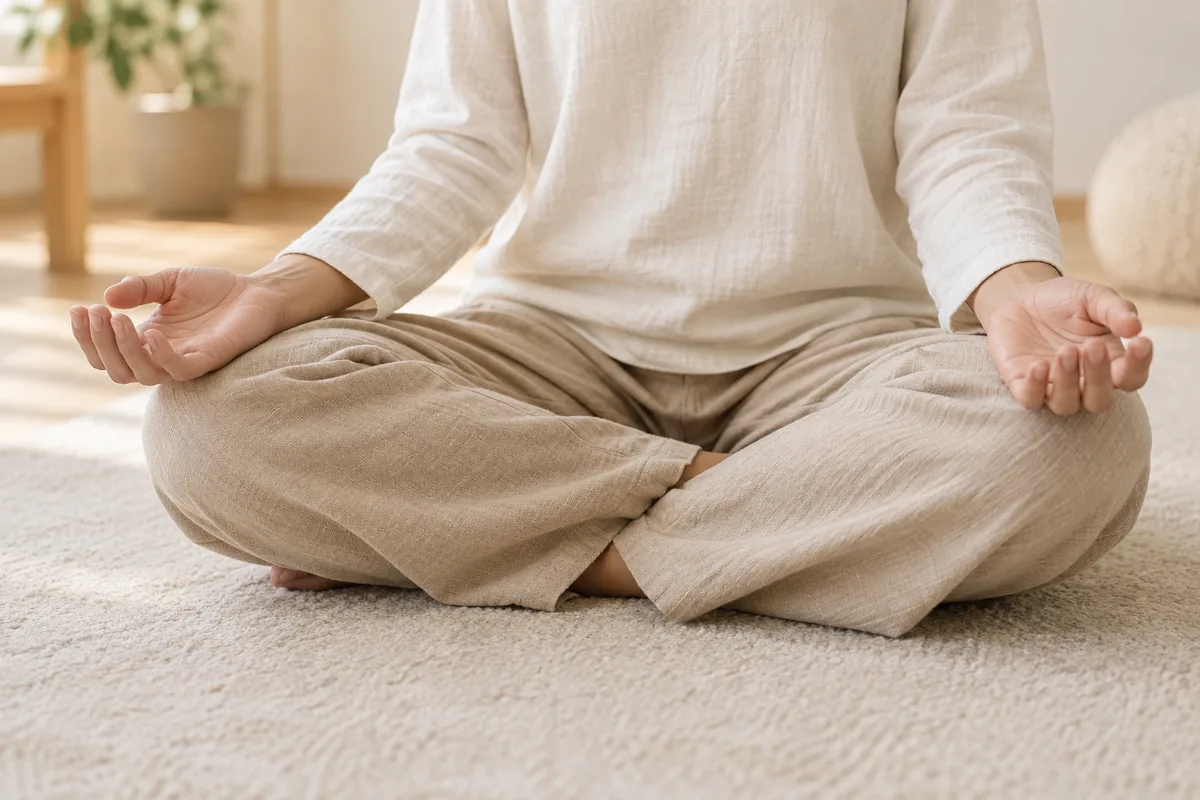 Mains posées paumes vers le haut sur les genoux d’une personne assise en tailleur sur un tapis clair