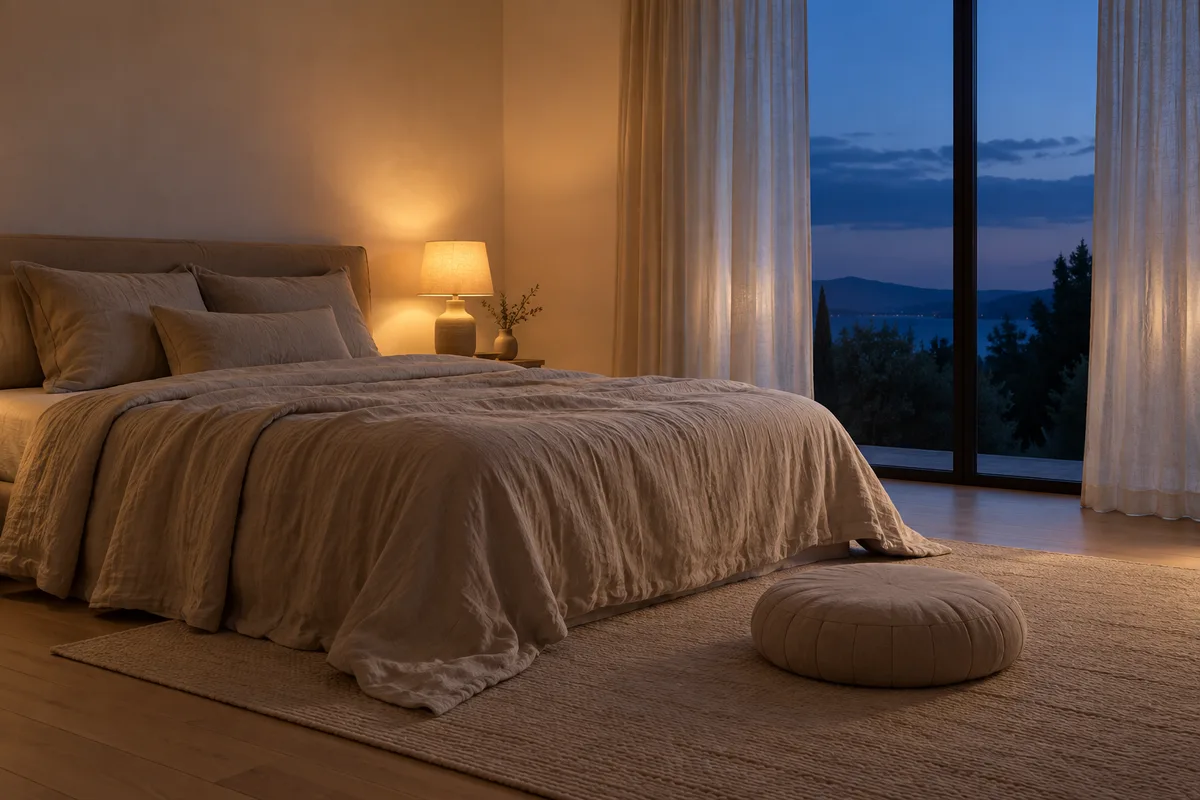 Chambre calme au crépuscule avec un lit en lin, une lampe de chevet allumée et un coussin de méditation au sol