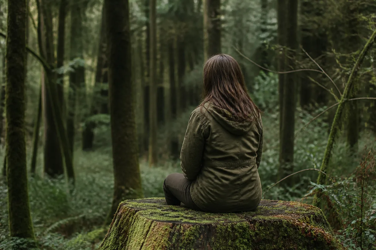 Personne assise de dos sur une souche moussue au cœur d’un bois calme