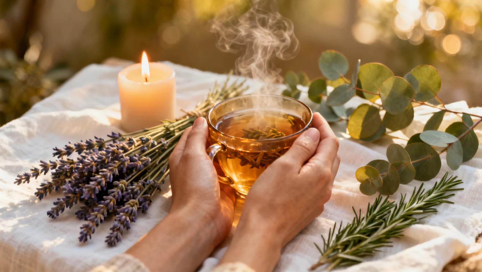 Rituel bien-être avec tisane et plantes